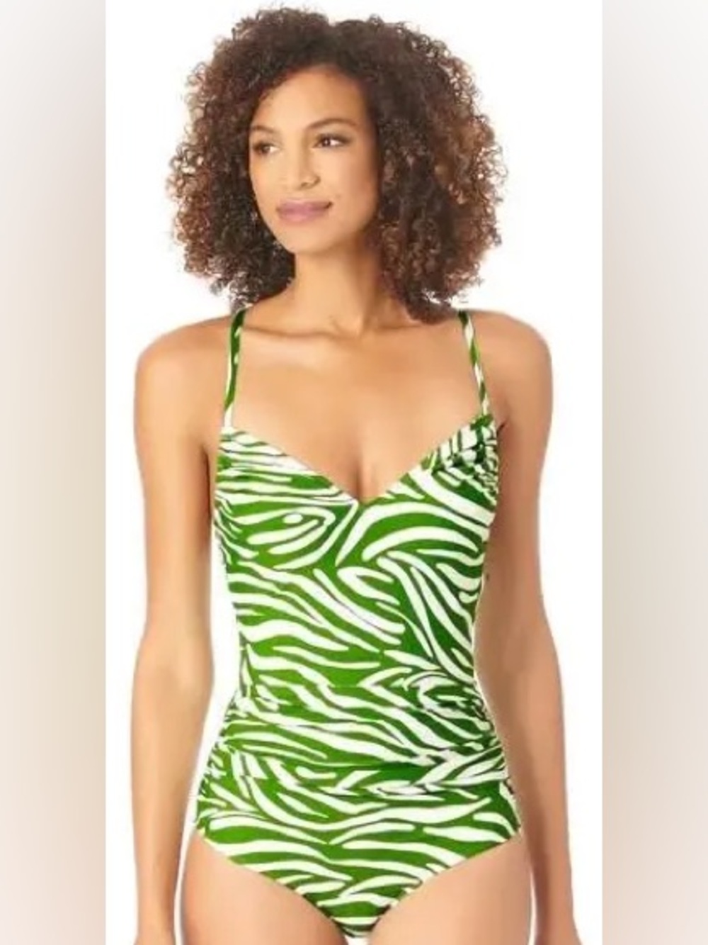 Anne Cole Shirred One-Piece Swimsuit in Green Zebra Print | Size 14